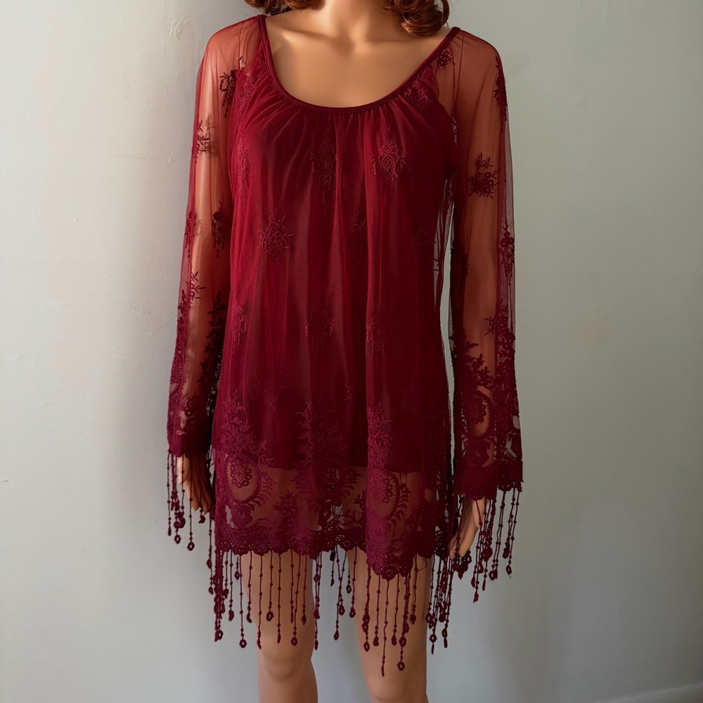 Boston Proper Red Sheer Overlay Tunic Bell Sleeve Boho Whimsigoth Romantic XS - Picture 11 of 12